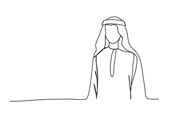 Muslim man in arabian clothes, one line drawing vector illustration.