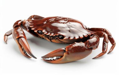 Frontal view of a brown crab with large claws, isolated on a white background.