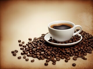 Coffee cup and coffee beans on old paper background with copy space