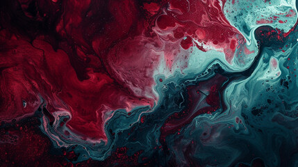 Teal Tranquility on Abstract Art Maroon Paint Background with Liquid Fluid Grunge Texture