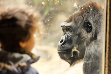 Animals in the zoo, a child looks at the gorilla through the glass