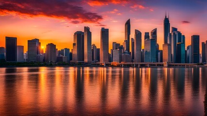 Obraz premium Colorful sunset over urban skyline with skyscrapers and river.
