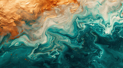 Tranquil Turquoise Waves on Abstract Art Burnt Sienna Paint Background with Liquid Fluid Grunge Texture