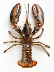 Overhead view of a lobster showing its patterned back and tail, isolated on white.