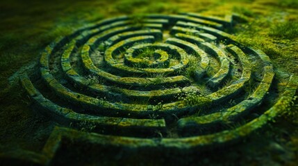 Naklejka premium Drone point of view of grass labyrinth on field. Landscape with beautiful textures in the background