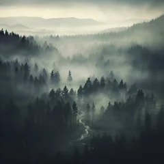 Foto auf Alu-Dibond Wald im Nebel in a very realistic style, misty morning in the mountains and  tree