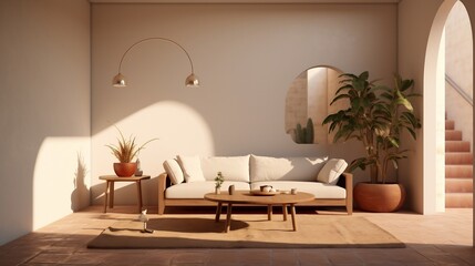 Minimalist home interior, with plenty of natural light and earthy tones, living room with a window, Minimalist modern interiors realistic render 