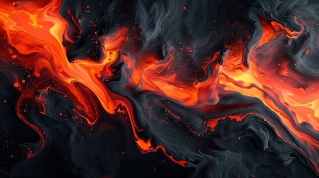 Dynamic bursts of fiery vermilion and radiant coral converging in water, forming a vivid and captivating abstract expression on a backdrop of rich black. 