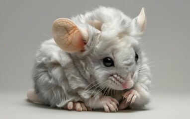 Soft and fluffy chinchilla sitting calmly on a grey background, looking to the side.