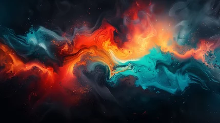 Fotobehang Dynamic sweeps of fiery vermilion and midnight teal blending seamlessly, creating a vibrant and energetic abstract display on a canvas painted in deep cosmic black.  © Tanveer Shah