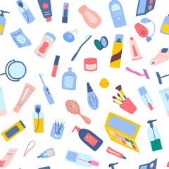 Vector makeup and skincare tubes, jars pattern. Seamless background with serums, makeup pallets, shampoo tubes and deodorants. Brushes, beauty products, cotton pads and bottles of cream illustration