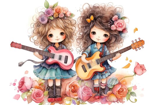 watercolor painting style illustration of cute happy artist girl playing guitar, isolated on white background, collection set, generative Ai