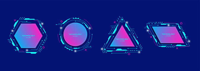 Set of abstract technology template future geometric shapes in cyberpunk style.Vector stock illustration. - obrazy, fototapety, plakaty