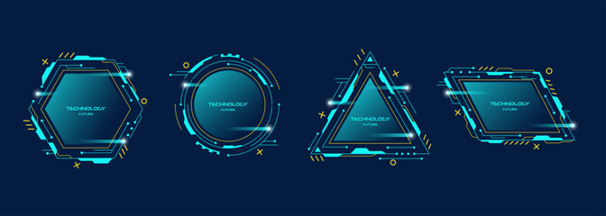 Set of abstract technology template future geometric shapes in cyberpunk style.Vector stock illustration.