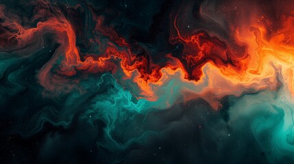 Dynamic sweeps of fiery vermilion and midnight teal blending seamlessly, creating a vibrant and energetic abstract display on a canvas painted in deep cosmic black.  - obrazy, fototapety, plakaty