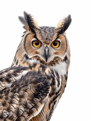 Fototapeta premium Close-up portrait of a Great Horned Owl with piercing eyes, isolated on white.