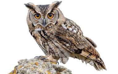 Naklejka premium Close-up portrait of a Great Horned Owl with piercing eyes, isolated on white.
