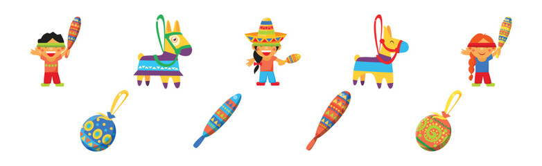 Mexican Boy and Girl at Holiday Celebration Breaking Traditional Pinata Toy Vector Set