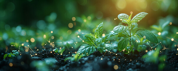 Young plants with dew and digital network, symbolizing growth and connectivity.