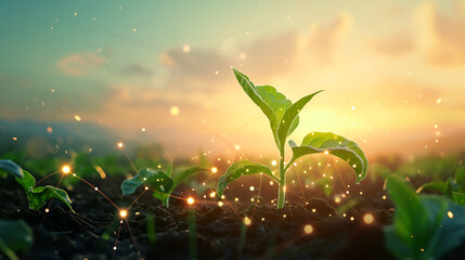 Young plant in soil at sunrise with digital network, new beginnings theme.