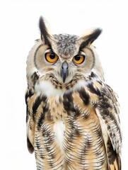 Close-up portrait of a Great Horned Owl with piercing eyes, isolated on white.