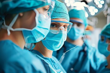 A team of healthcare workers dressed in scrubs, masks, and goggles stand in a sterile operating room, surrounded by medical equipment and surgical instruments, ready to perform a life-saving procedur - obrazy, fototapety, plakaty
