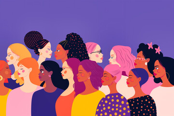 Crowd of women. Vector illustration in flat cartoon style. Diverse women