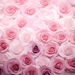 An array of delicate pink roses in varying shades, forming a romantic and soft floral background..