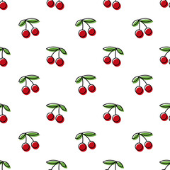 Small cherry berries isolated on a white background. Cute seamless pattern. Vector simple flat graphic illustration. Texture.
