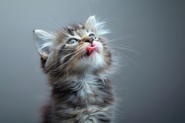 A playful malayan kitten delicately licks its whiskers, savoring the anticipation of a tasty meal - obrazy, fototapety, plakaty