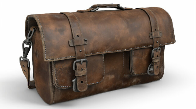 old suitcase isolated on white - vintage old leather bag