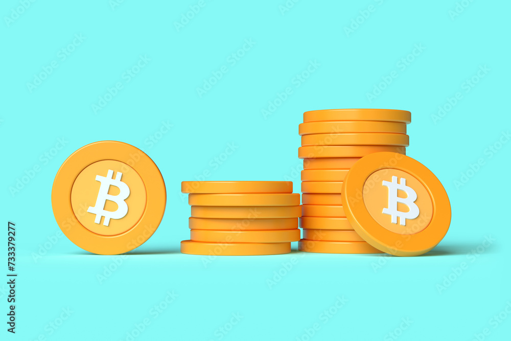 Poster bitcoin btc crypto currency coin stacks isolated on blue background. design suitable to illustrate c