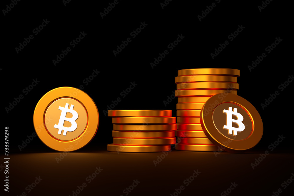 Poster bitcoin btc cryptocurrency coin stacks on dark background. design suitable to illustrate crypto asse