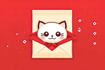 chibi cat isolated on a brown lucky envelope, flat logo, red background  