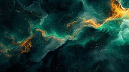 Dynamic swirls of vibrant emerald and molten bronze converging in an intricate dance, creating a modern and energetic abstract artwork on a background of deep ink black.  - obrazy, fototapety, plakaty