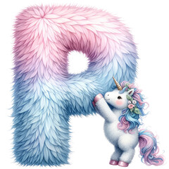 Watercolor Unicorn Alphabet Clipart: Letter P with Fluffy and Soft Texture for Kid's Decor. Magical Unicorn Perfect for Nursery and Educational Projects. Hand-Painted Unicorn for Creative Crafting.