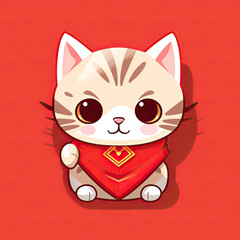 chibi cat isolated with a red scarf on a red background, flat logo