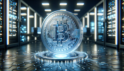 Futuristic digital coin with circuitry patterns on high-tech background.