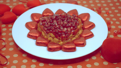 Valentine's Day is February 14th. Red hearts in all types.
Salad Pomegranate heart. Engagement.