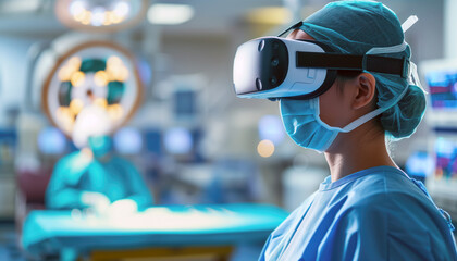 Doctor conducting a telemedicine consultation in VR glasses, using virtual reality technology, against the background of the operating room of an ultra-modern hospital