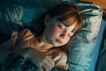 A peaceful young girl, her delicate human face framed by the soft glow of the moon, lies comfortably in bed, enveloped by warm bedclothes, her slumber bringing a sense of calm to the indoor setting - obrazy, fototapety, plakaty