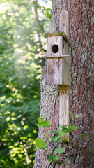 Tree house for birds. A small wooden gray nesting box on the natural background. The beautiful hand made birdhouse in the green park
