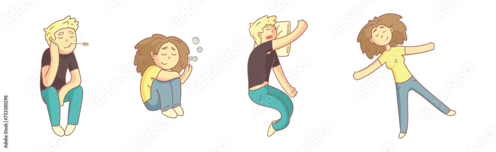 Poster man and woman character relax engaged in different activity vector set