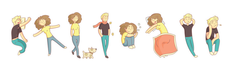 Man and Woman Character Relax Engaged in Different Activity Vector Set