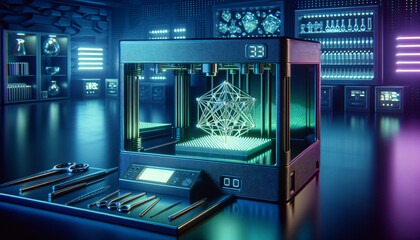 Obraz premium Futuristic stereolithography 3D printer creating intricate lattice structure in high-tech laboratory.