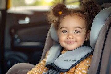 A young girl sits comfortably in her car seat, her tiny face peeking out from beneath her colorful clothing as she stares eagerly out the window, securely buckled in for the journey ahead - obrazy, fototapety, plakaty
