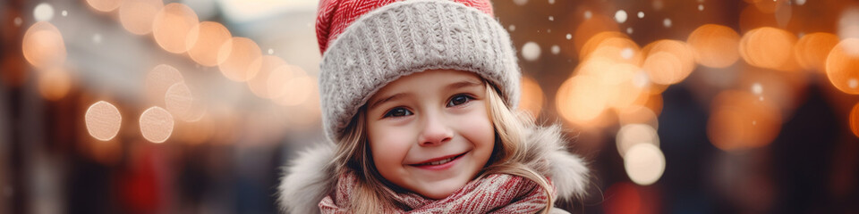 Little girl with hat and coat on a christmass tree background close up photo