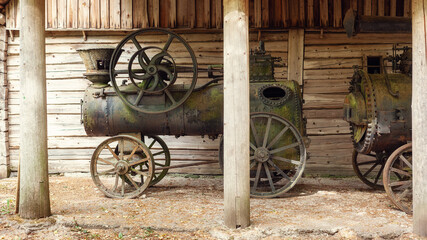 Old rustic Richard Garrett and Sons, mobile steam engine, made in UK 1853 y. Purpose to turn a threshing machine, mill, brick or other mechanisms.
