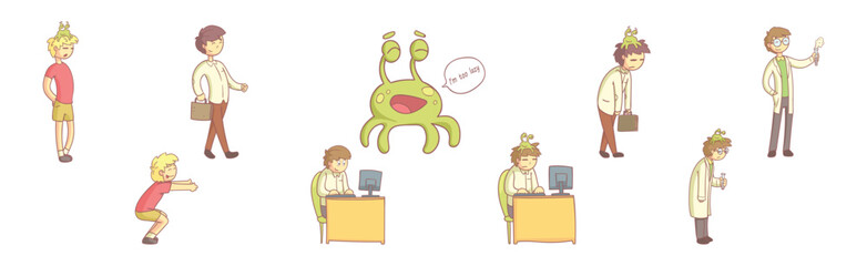 Young Man Character Engaged in Different Activity Vector Set