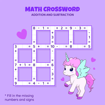 Math Crossword puzzle for kids. Addition and subtraction. Counting up to 10. Game for children. Vector illustration. Colorful crossword with cartoon unicorn. Task, education material for kids.